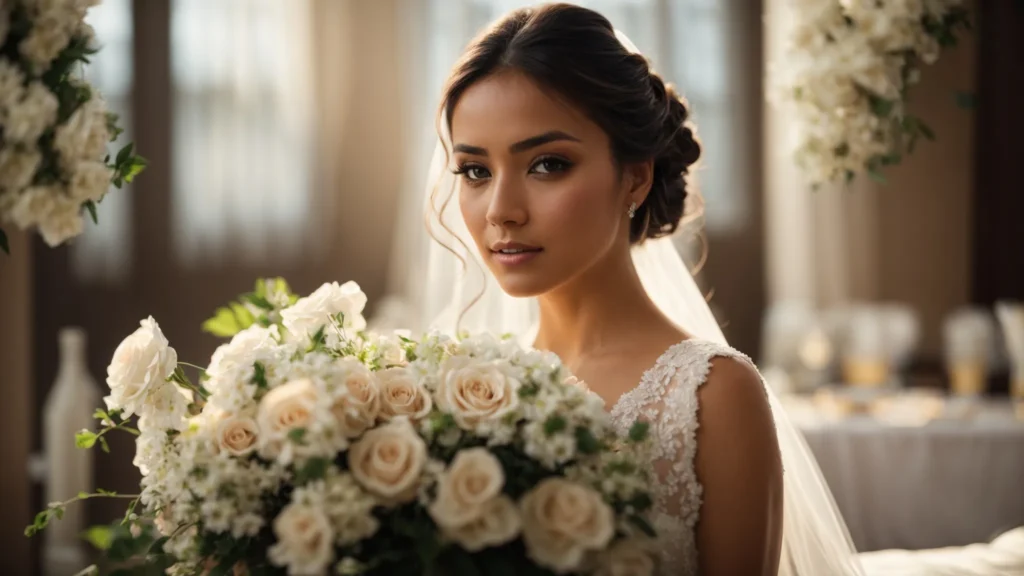 a radiant bride, showcasing flawless skin with a perfectly blended foundation, stands gracefully in soft natural light, surrounded by delicate floral arrangements that enhance her timeless beauty. - DAVE SPINK WEDDING PHOTOGRAPHY AND FILMS - DAVE SPINK WEDDING PHOTOGRAPHY AND FILMS