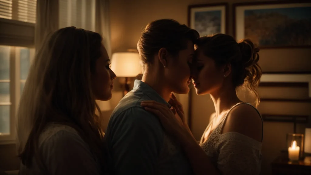 a warmly lit, intimate living room adorned with personal mementoes, capturing a couple in an affectionate embrace, exuding a sense of comfort and genuine connection. - DAVE SPINK WEDDING PHOTOGRAPHY AND FILMS - DAVE SPINK WEDDING PHOTOGRAPHY AND FILMS